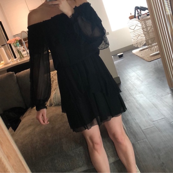 NWT Parker Palermo Silk Mini Dress Black Off The Shoulder Ruffle Size XS - Picture 4 of 6